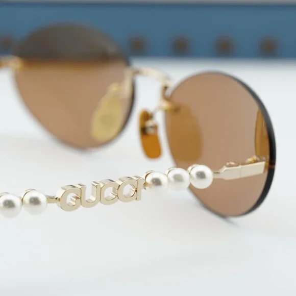 Gucci GG1922S 003 Oval Sunglasses - Endura Gold with White Pearl/Brown - Picture 6 of 12